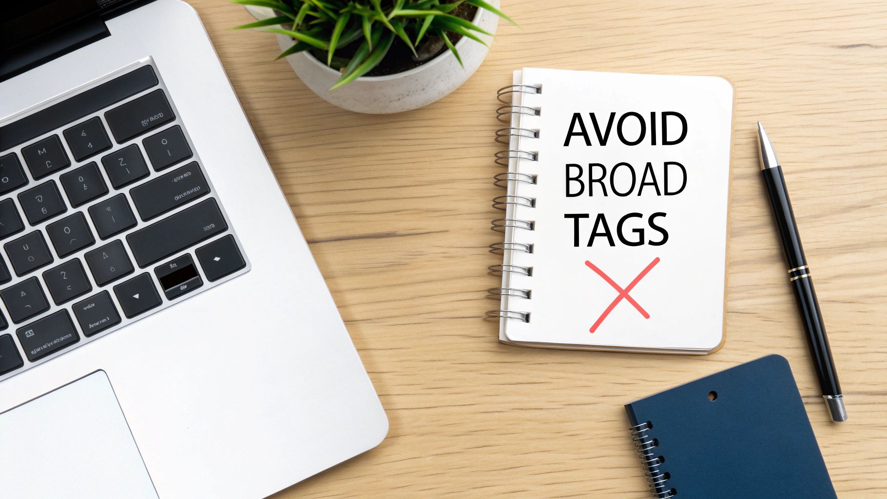 Desk flat lay with laptop, plant, and notebook displaying 'AVOID BROAD TAGS' and a red X.