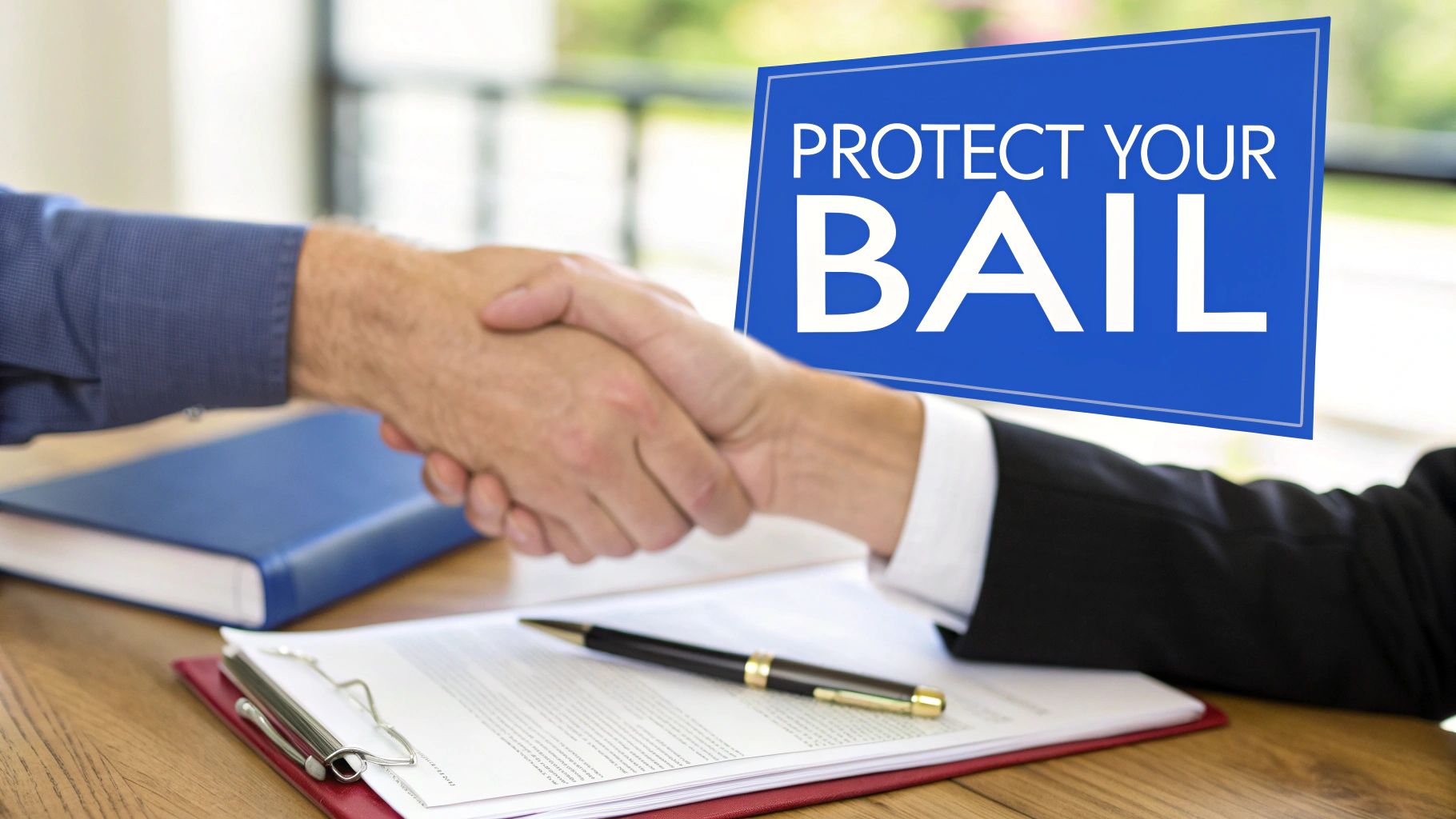Two people shake hands over legal documents on a table, with a sign stating 'Protect Your Bail'.