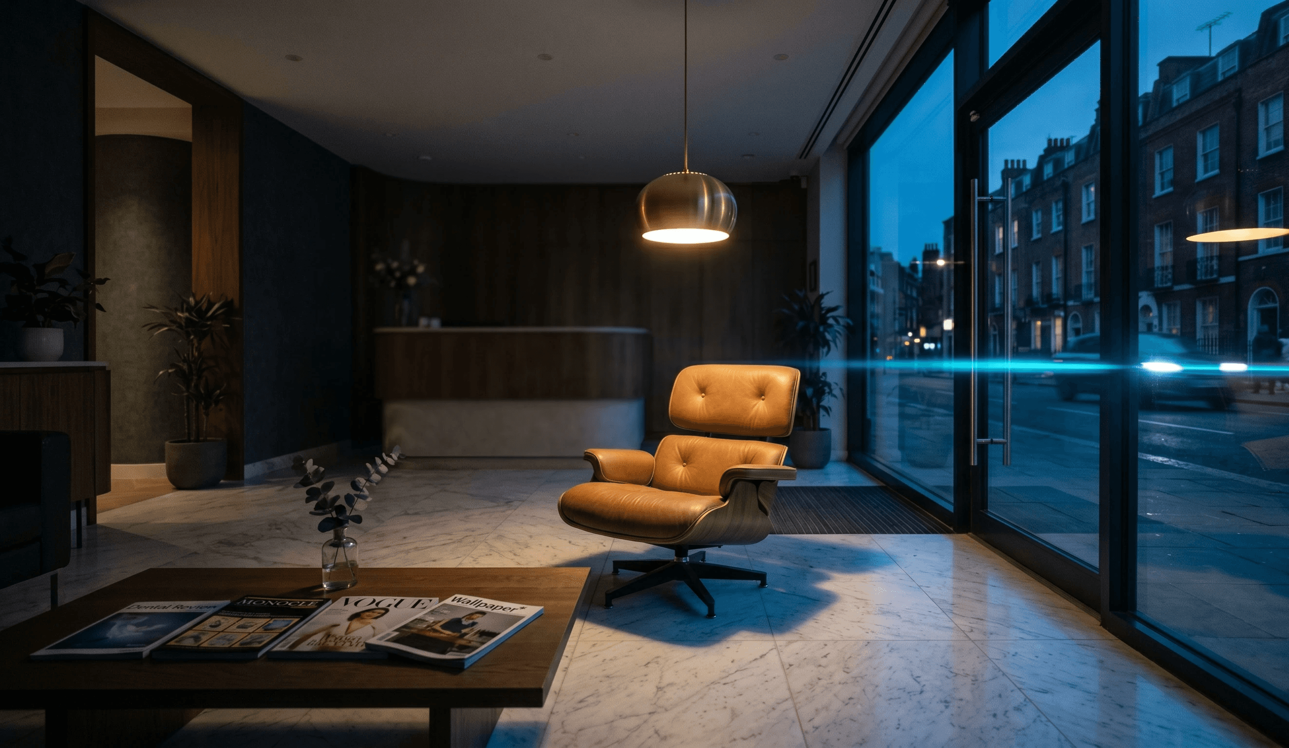 Empty dental practice waiting room at dusk with single warm            pendant light — visualises lost patient capacity from            unanswered calls.