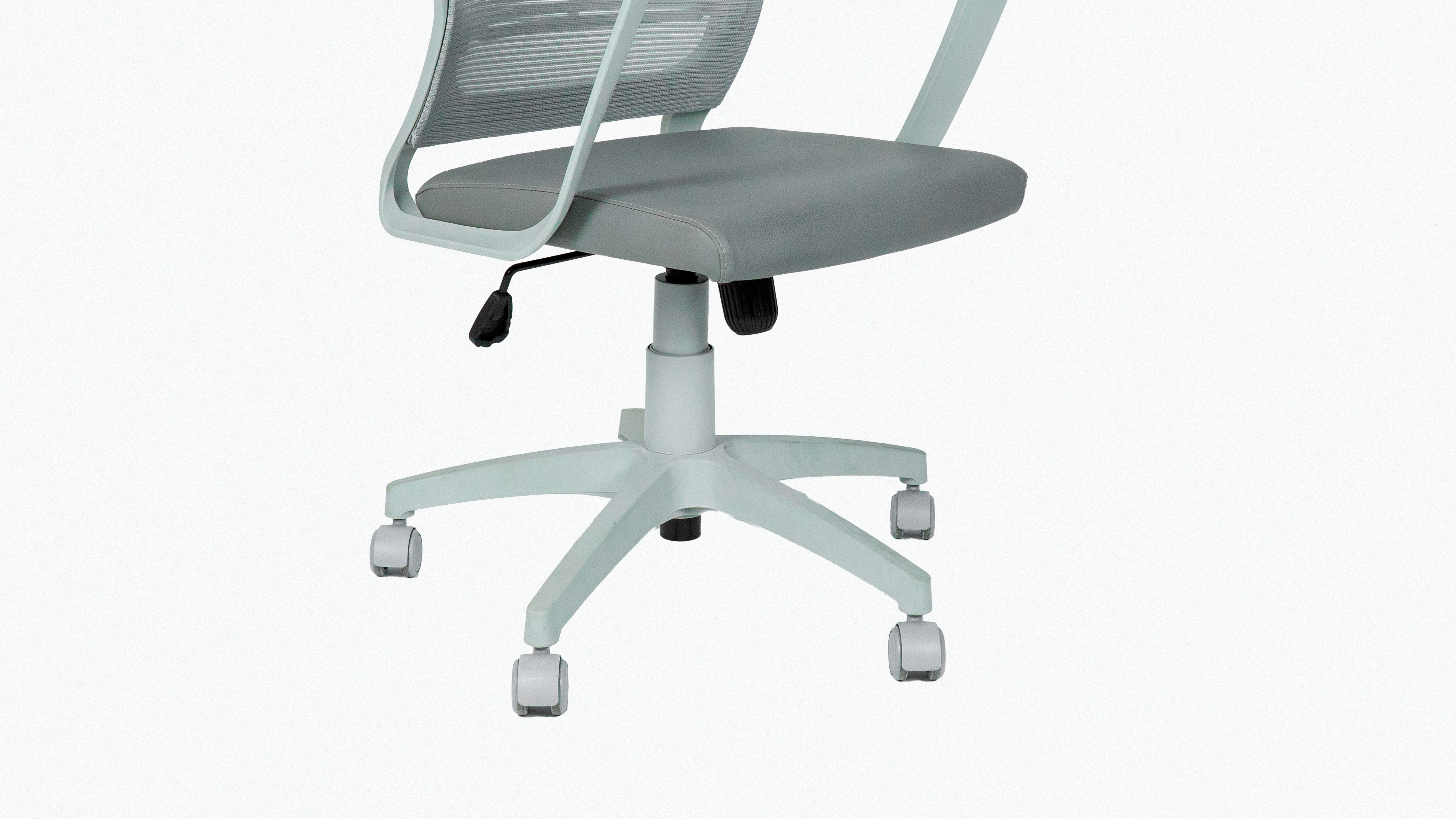 A modern ergonomic office chair with a mesh back, adjustable armrests, and a rolling base.