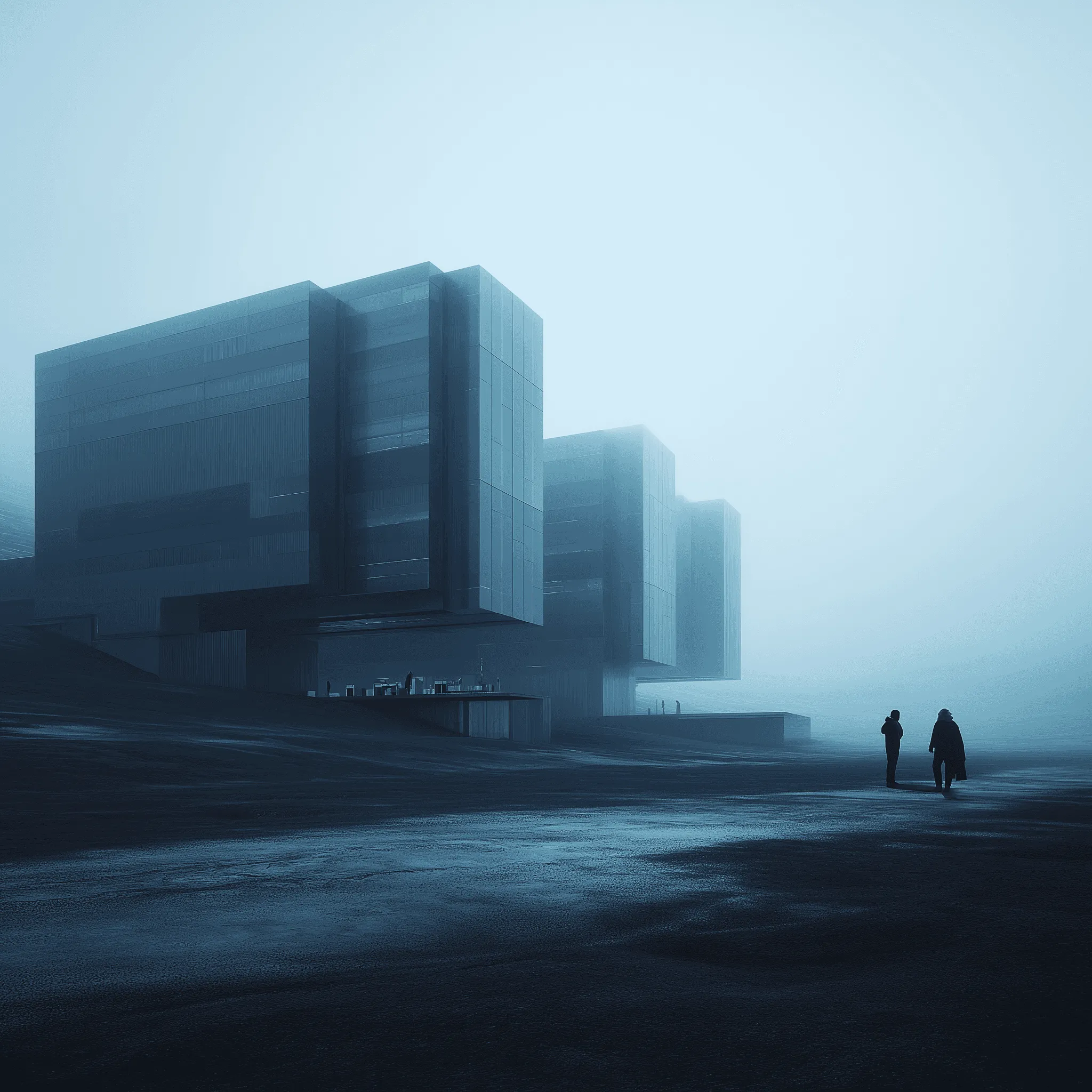 Modern architectural buildings with a futuristic design, silhouetted people in the misty landscape.