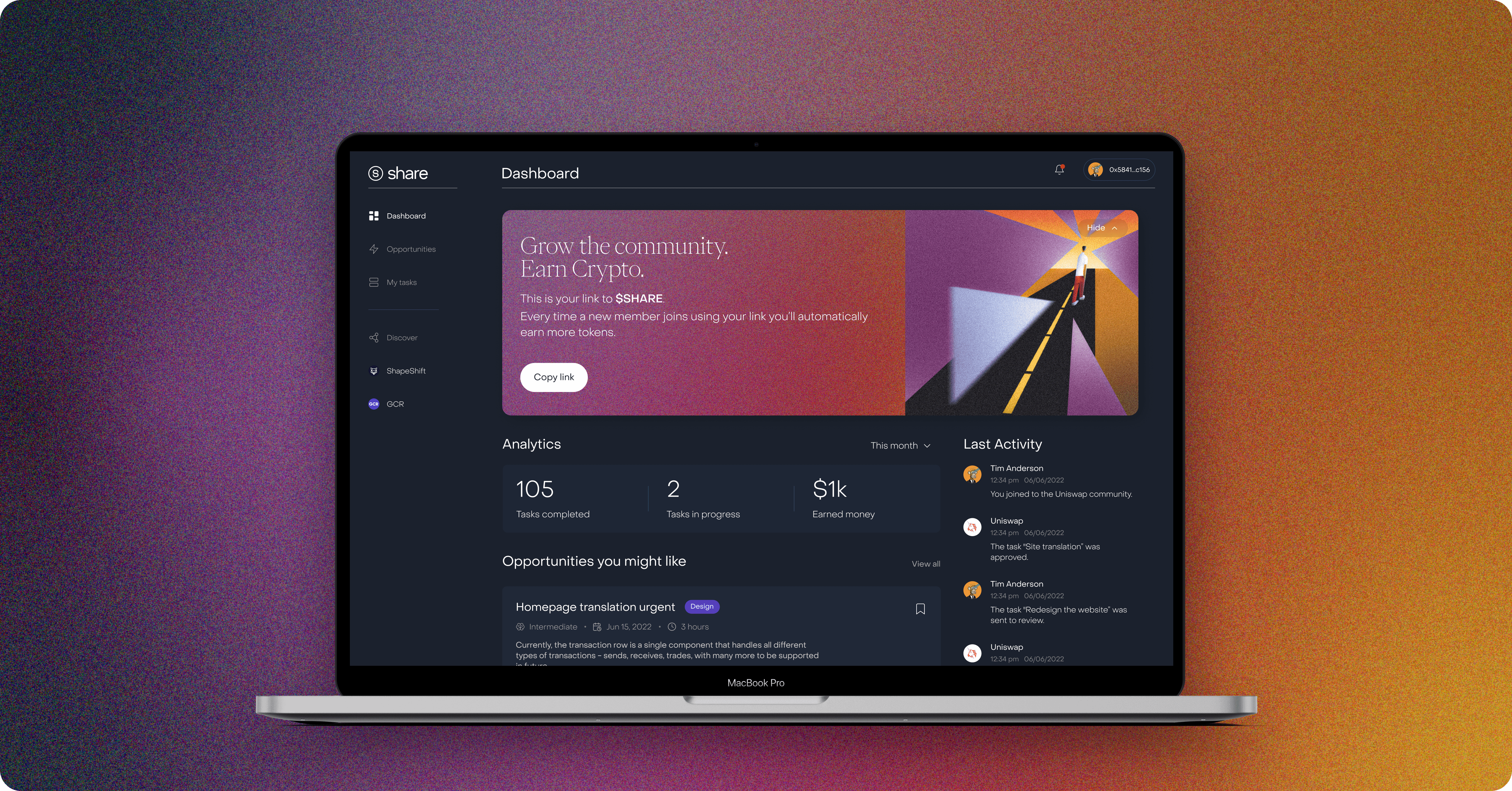 A laptop displaying a dark-themed application interface with colorful graphics on a gradient background.