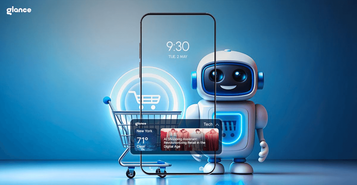  A friendly AI robot stands beside a smartphone displaying a virtual shopping interface, with a shopping cart and product recommendations, representing AI-powered ecommerce and digital shopping assistance.