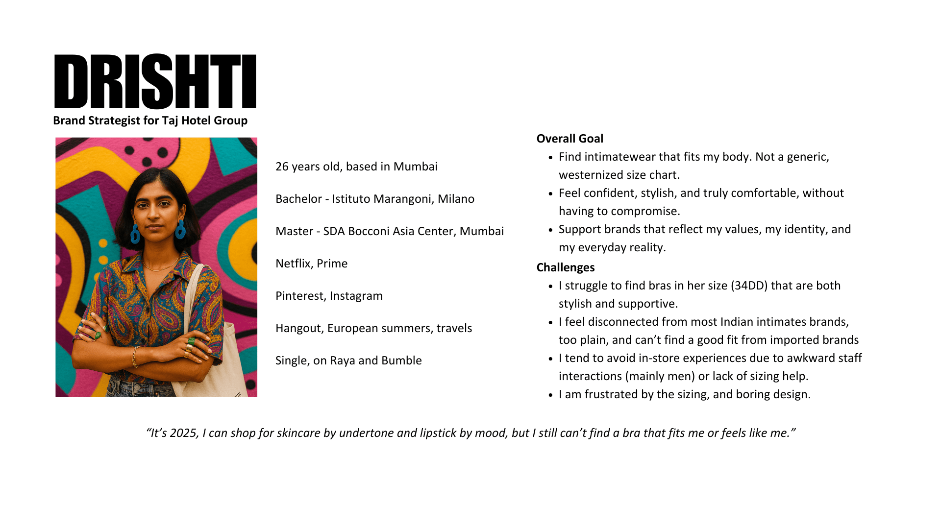 Persona profile slide for a brand strategist, showing a portrait photo and a list of goals and challenges related to finding well-fitting bras.