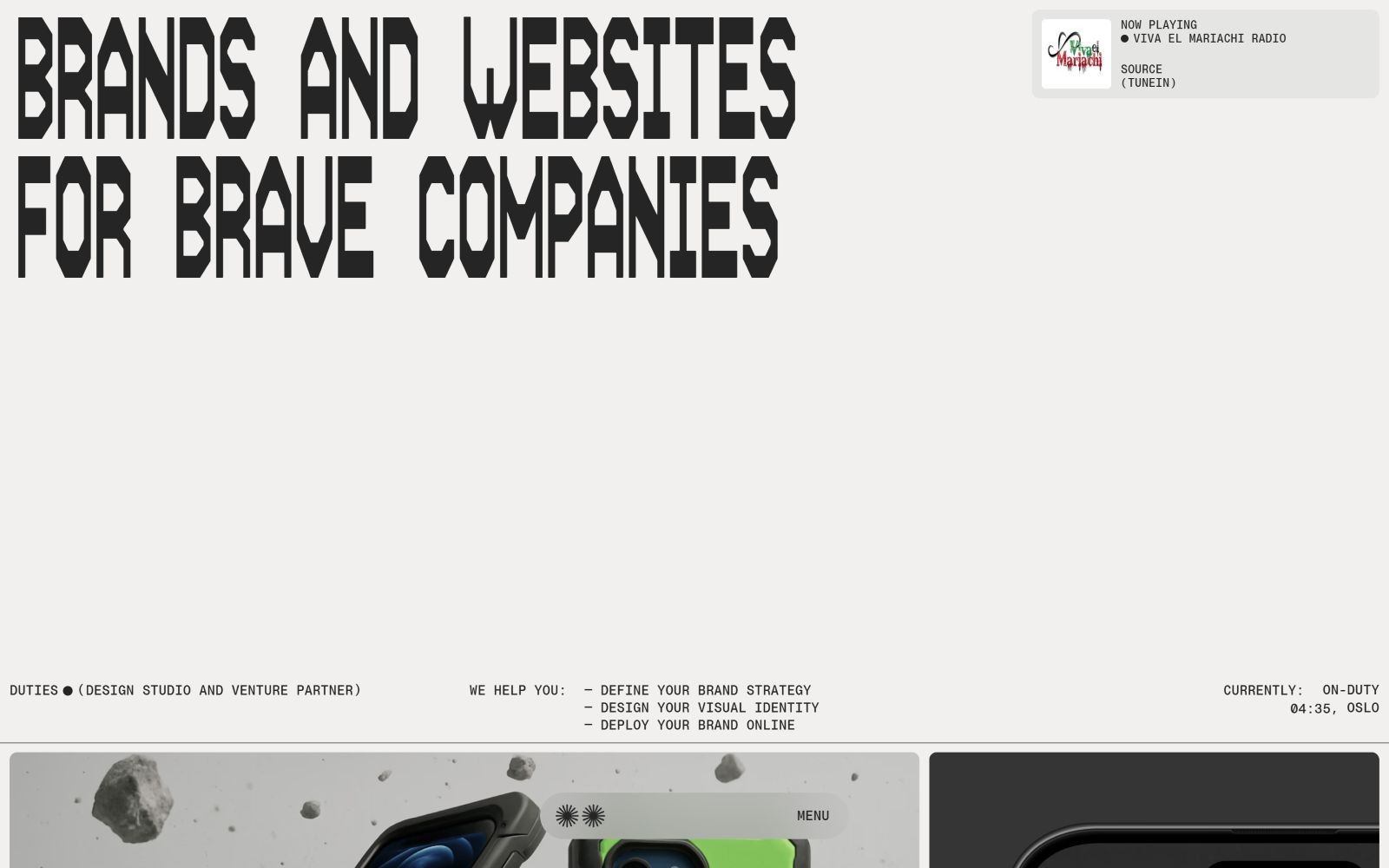 Bold text reads "BRANDS AND WEBSITES FOR BRAVE COMPANIES." Minimalist design with gray accents and small images of gadgets.