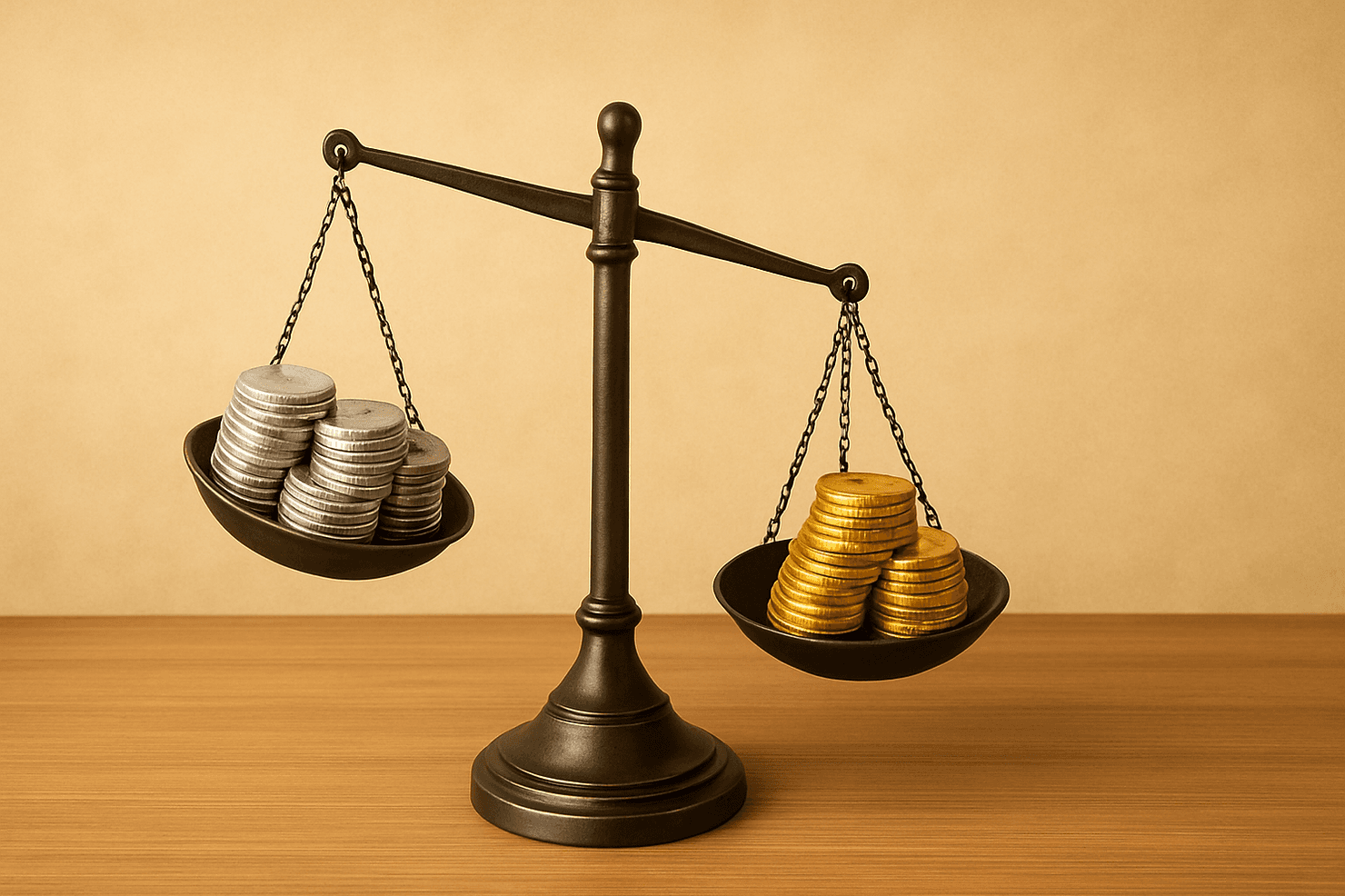 A balance scale with silver coins on the left outweighing gold coins on the right, set against a light brown background on a wooden table.