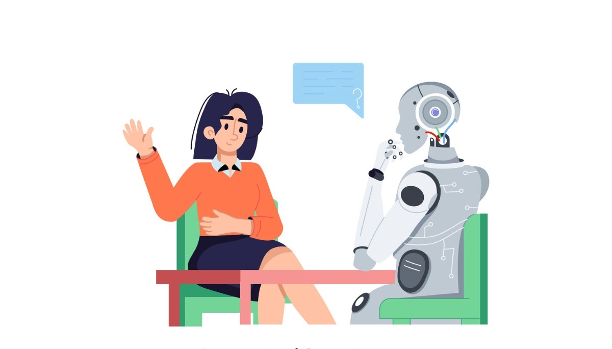 Illustration of a human and a humanoid robot engaged in conversation at a table, with digital speech bubbles and interface element, symbolizing the evolving role of artificial intelligence in job interviews, candidate evaluation, and human-AI interaction.