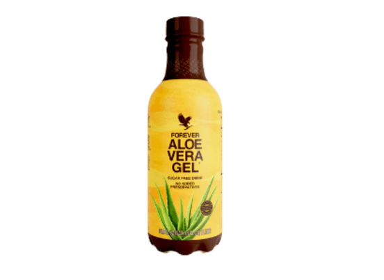 Garrafa amarela do Forever Aloe Vera Gel, bebida de suco de babosa puro para saúde digestiva e imunidade.
