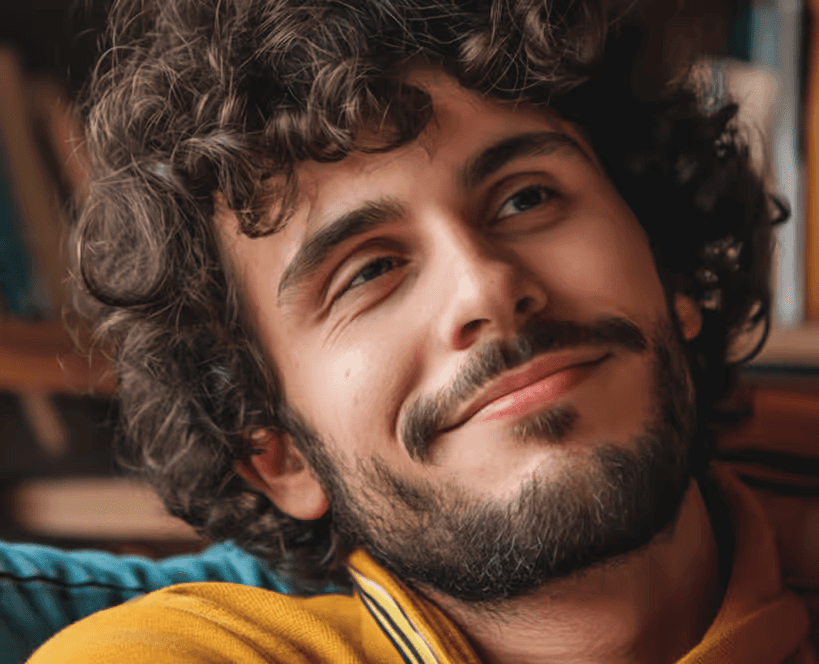 A young man with curly hair and a beard smiles contentedly while sitting indoors, with a blurred background of bookshelves, conveying a relaxed and thoughtful atmosphere.