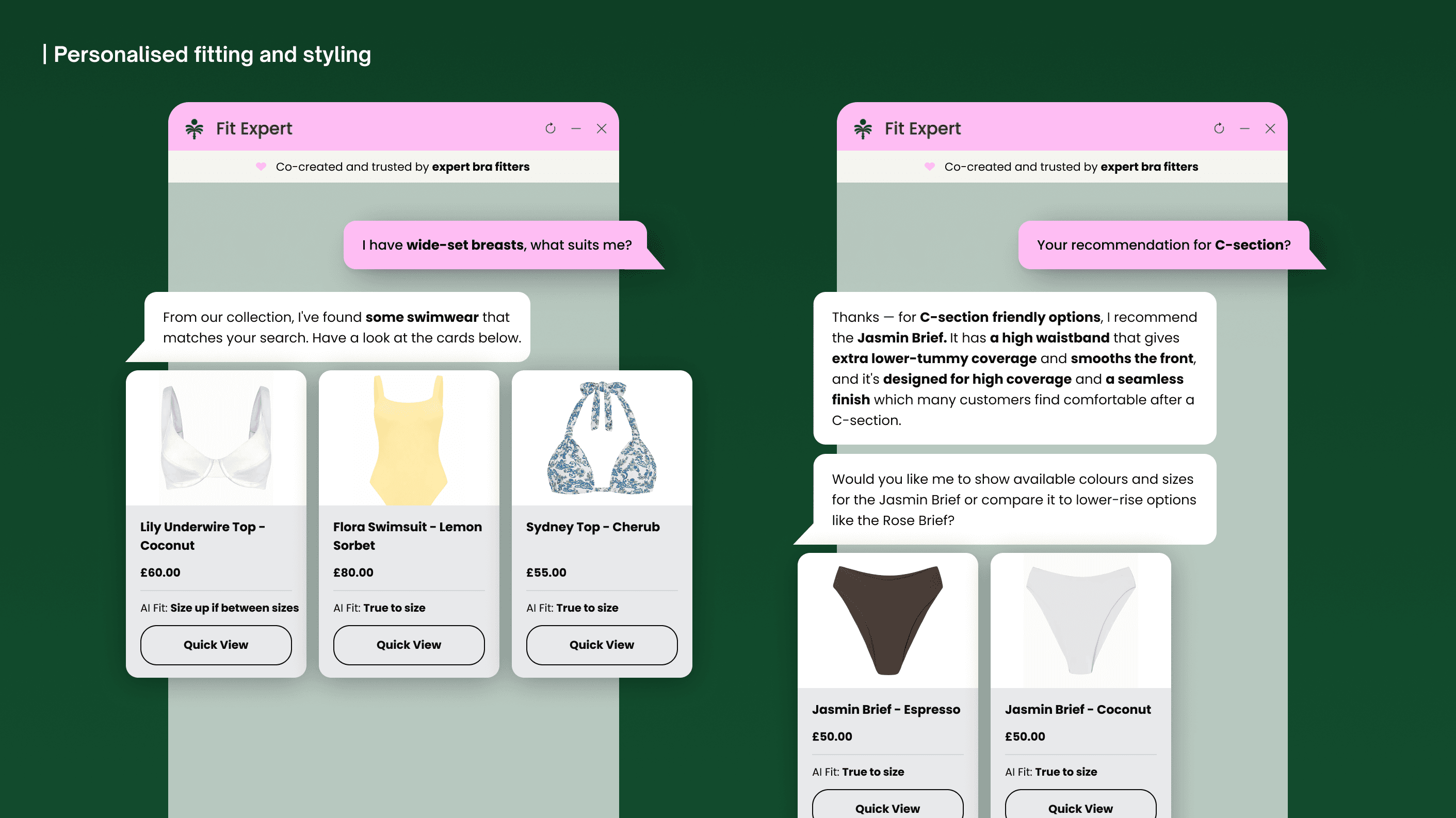Brarista's chatbot on the JUNK LDN site, recommending styles for a shopper's body shape and specific fitting needs