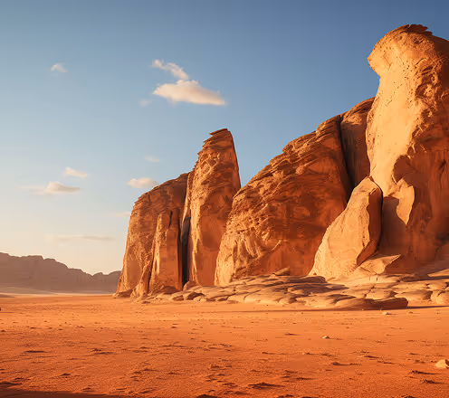 Sunlit red sandstone rock formations in a wide desert under a blue sky with a few clouds.