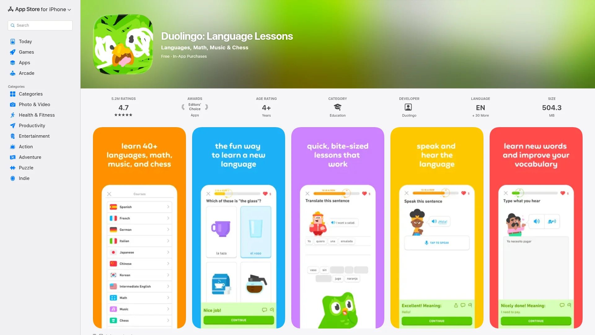 Example App Store product page showing icon, ratings, and screenshots