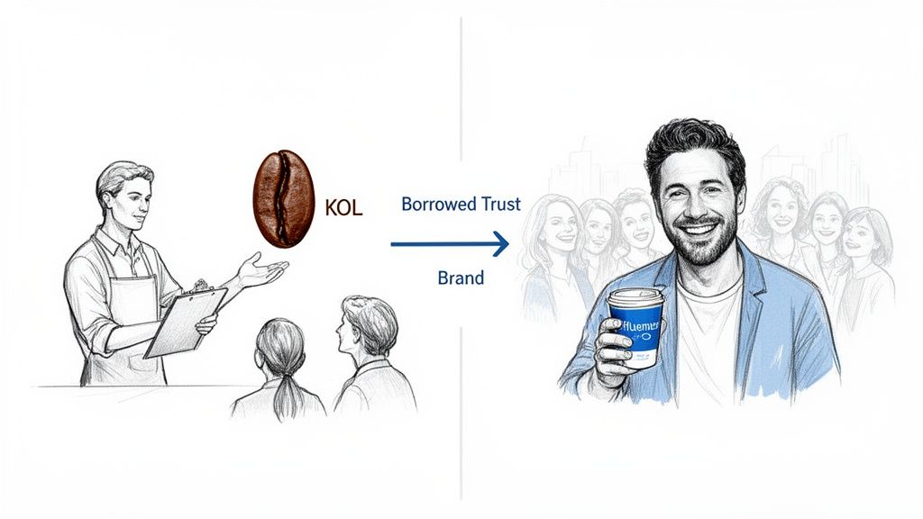 Illustration depicting a KOL (Key Opinion Leader) transferring trust from a coffee product to a brand with happy customers.