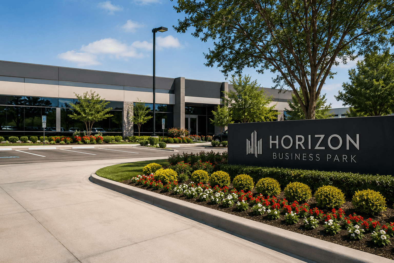A sleek black entrance sign reading "HORIZON BUSINESS PARK" fronted by a manicured flower bed, with a modern commercial building and parking lot in the background.
