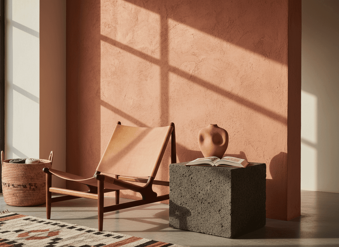 Tan leather lounge chair, woven basket, stone side table with sculptural vase and open book, against a textured terracotta wall.