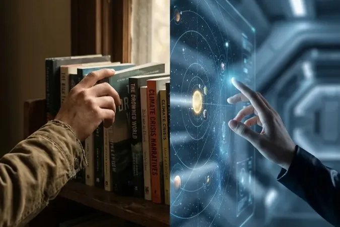 A person reaches for a book on a wooden shelf while, in parallel, a hand interacts with a digital representation of the solar system, symbolizing the intersection of traditional knowledge and advanced technology.