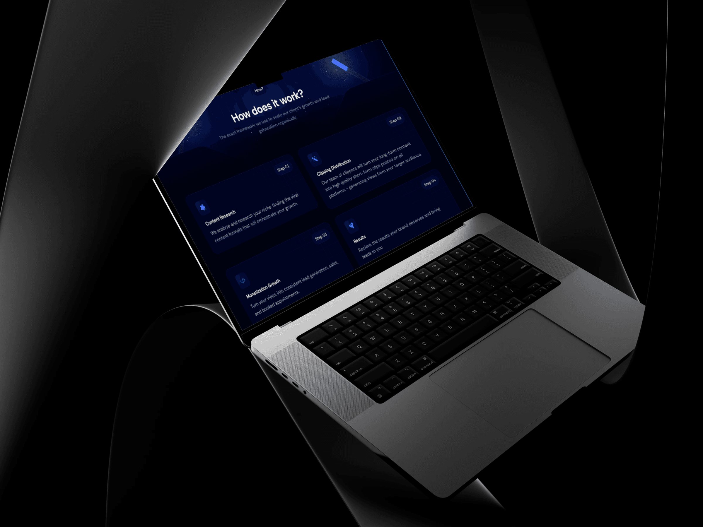 A sleek, modern laptop with a glowing screen displaying a dark-themed software interface and information boxes is set against a dramatic black background, emphasizing technology and innovation.