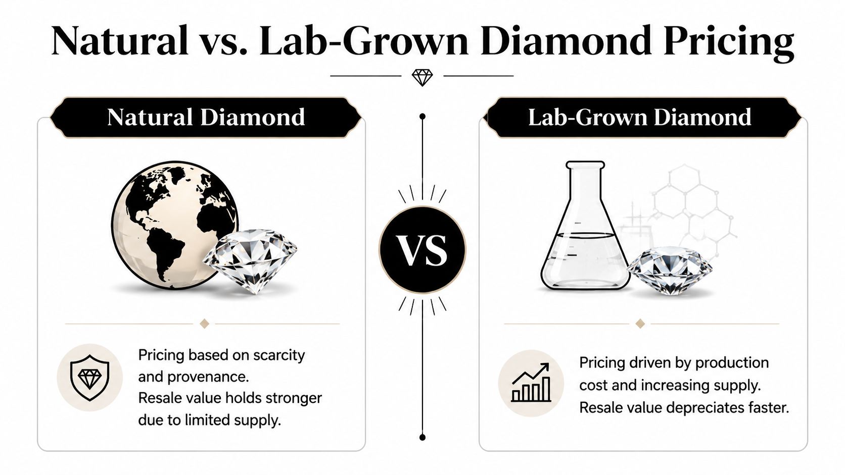 A comparison infographic between natural and lab-grown diamonds, explaining differences in their pricing and resale value.