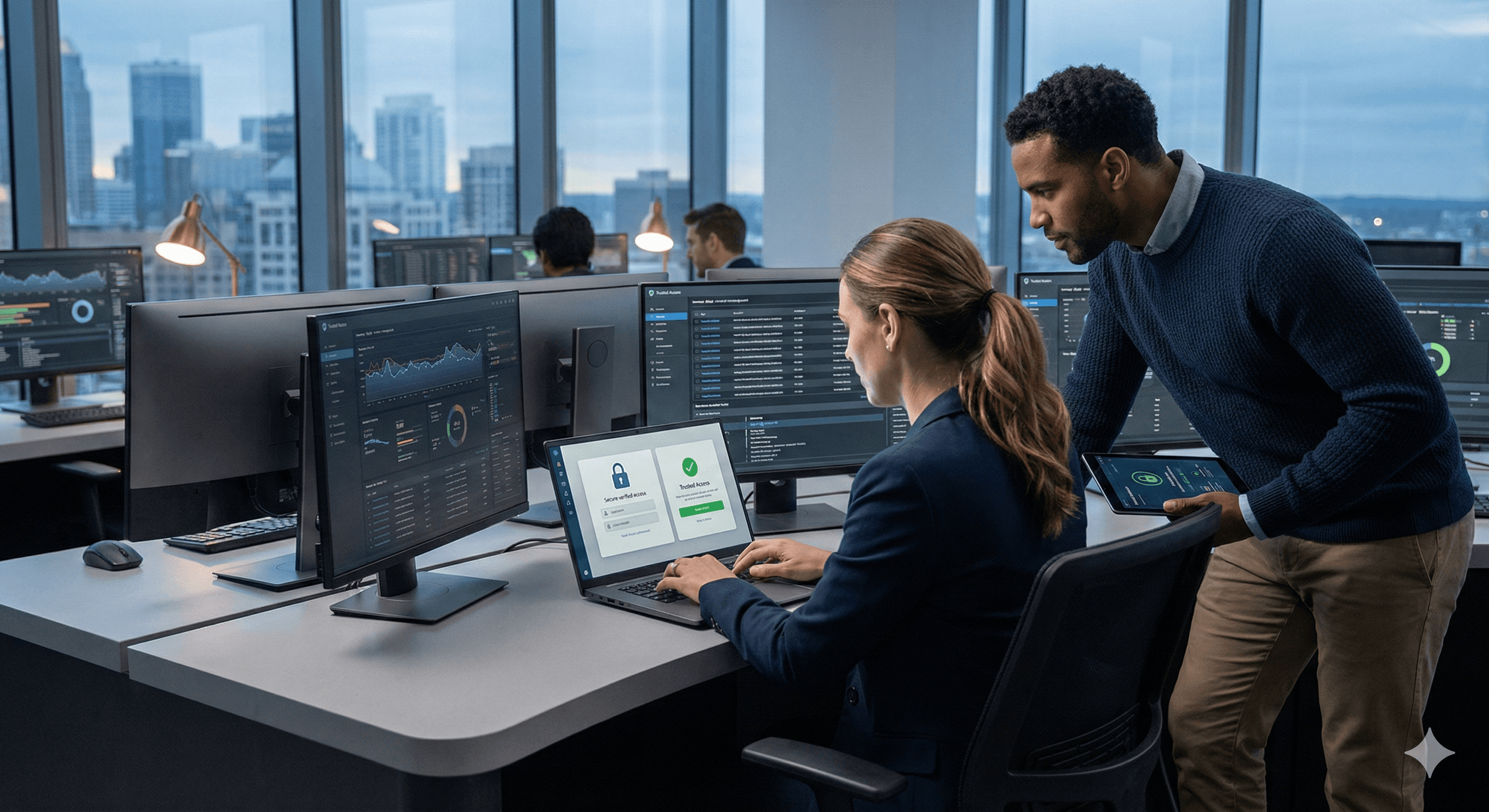 In a modern office setting with large windows overlooking a cityscape, a woman at a desk works on a laptop displaying cybersecurity access screens, while a man stands beside her holding a tablet, highlighting a collaborative approach to trusted access for critical systems.