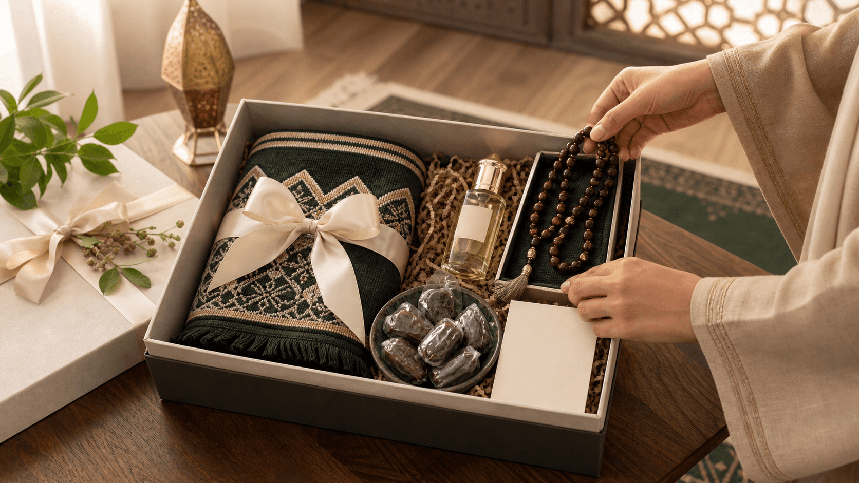 An Umrah gift hamper with a tasbeeh, attar, dates, a prayer mat and a blank dua card being assembled