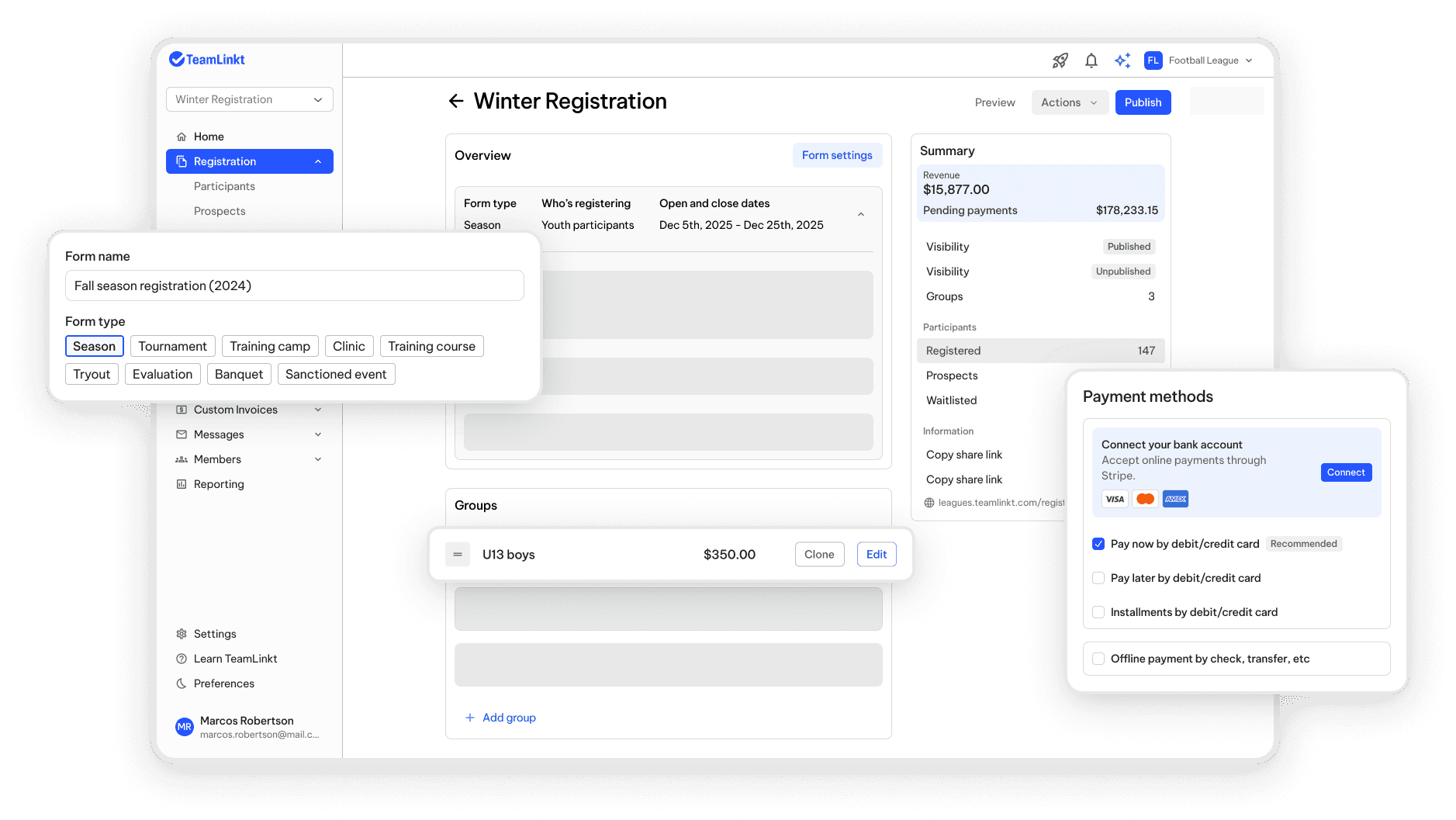TeamLinkt's Football Custom Registration Forms Tool