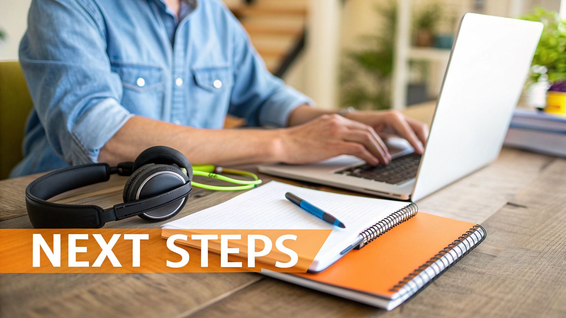 Person typing on a laptop with headphones, notebook, and pen on a wooden desk, overlaid with 'NEXT STEPS' text.