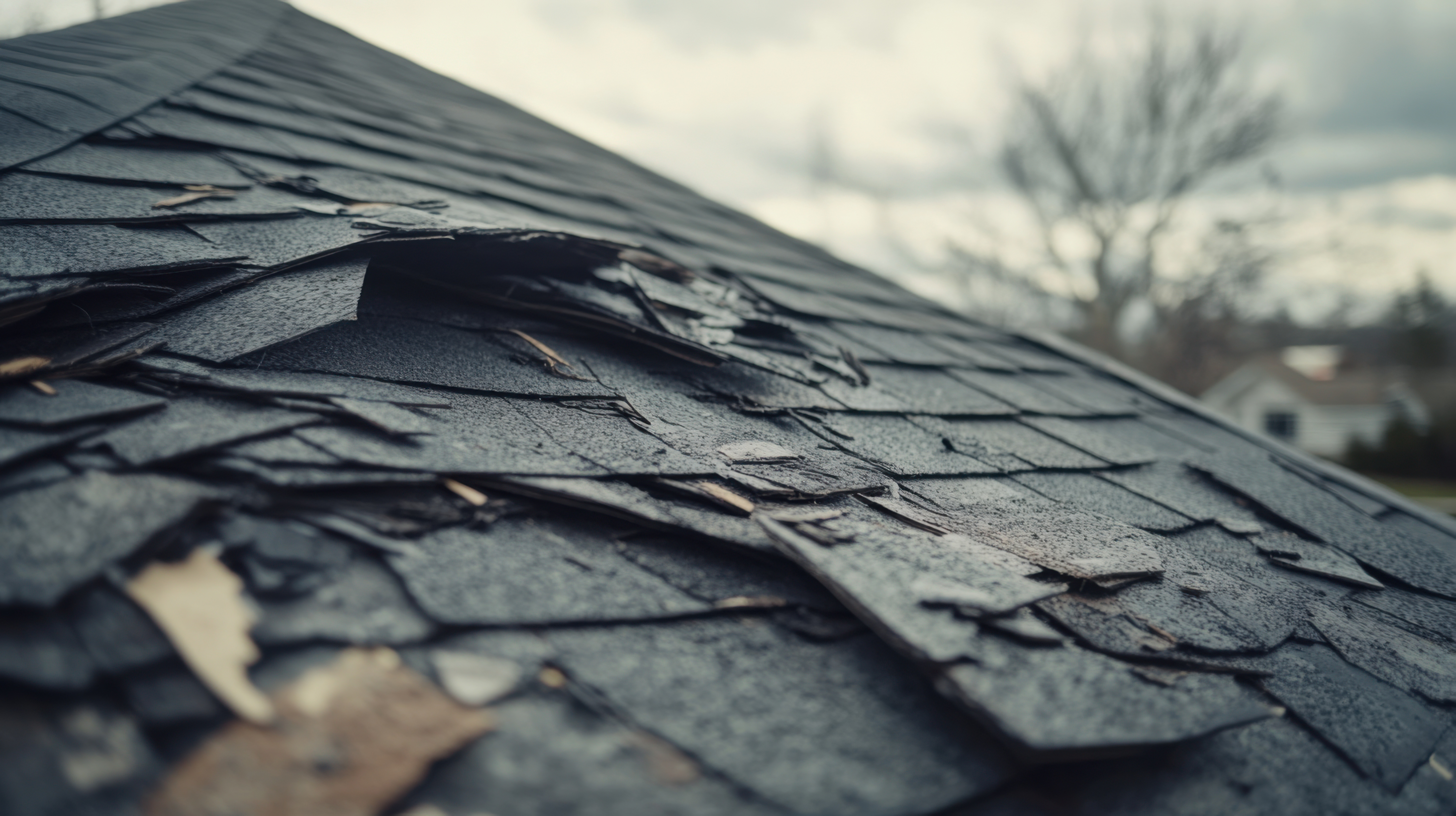 Close-up of storm-damaged asphalt shingles on a residential roof in St. Louis, showing severe lifting and deterioration