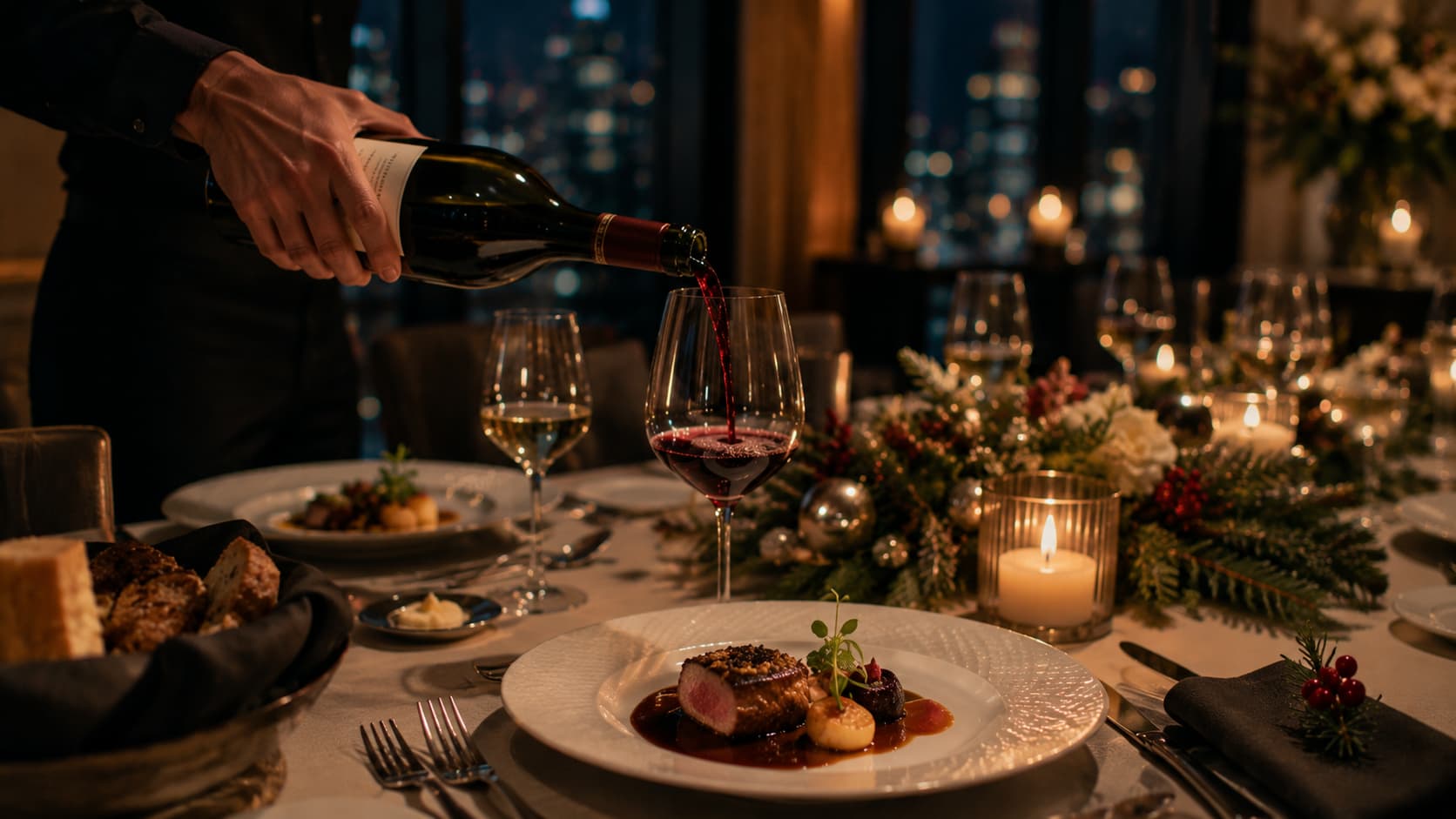 Wijnservice en luxe fine dining gerecht tijdens exclusief kerstdiner op locatie