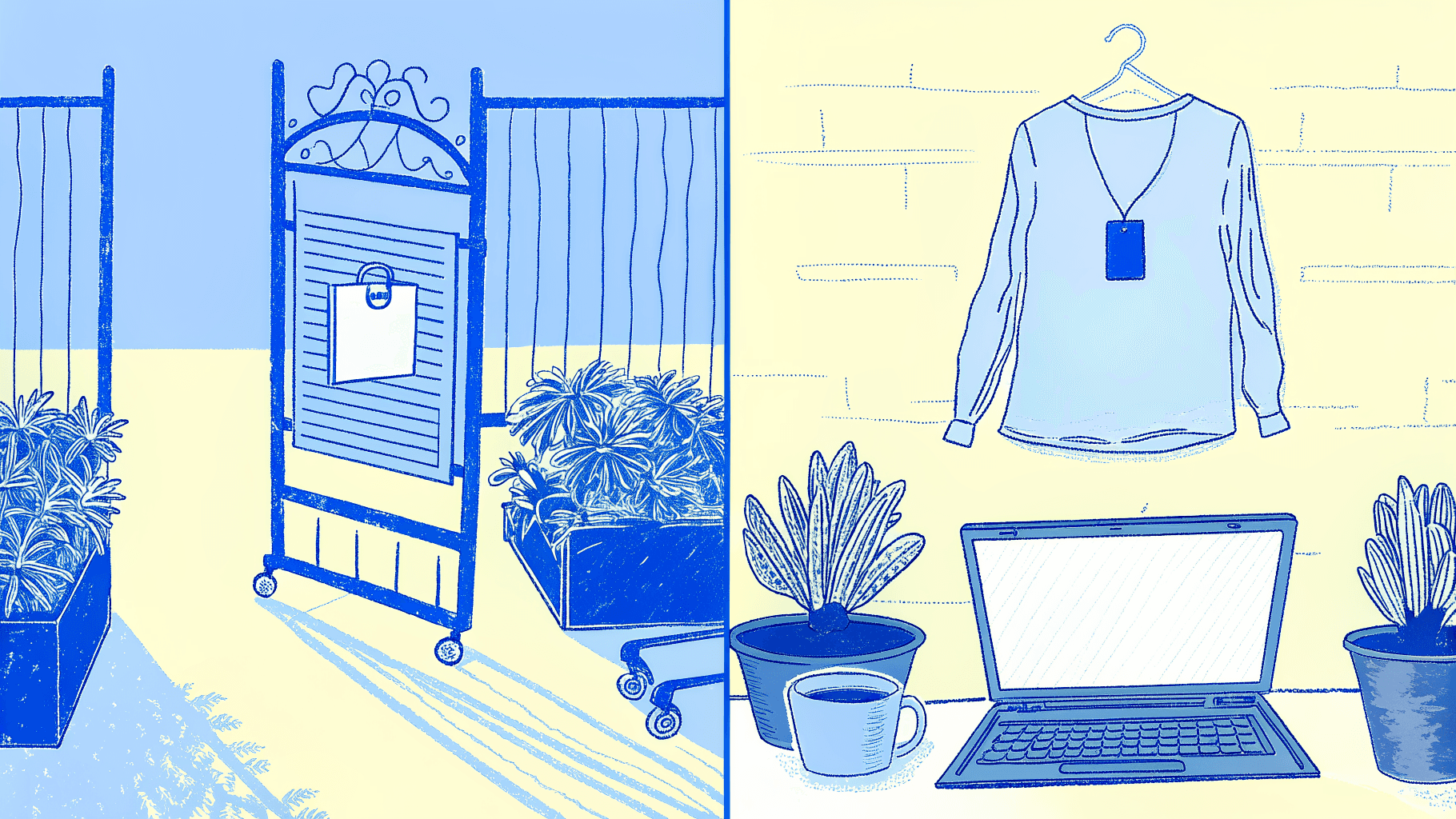 Locked gate with credential badge versus open doorway with folded blank t-shirt, wholesale access tiers