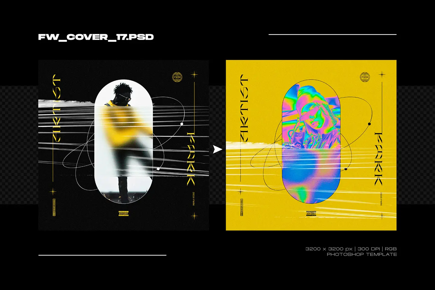 Bold yellow and black album cover design with motion blur effects and modern serif typography