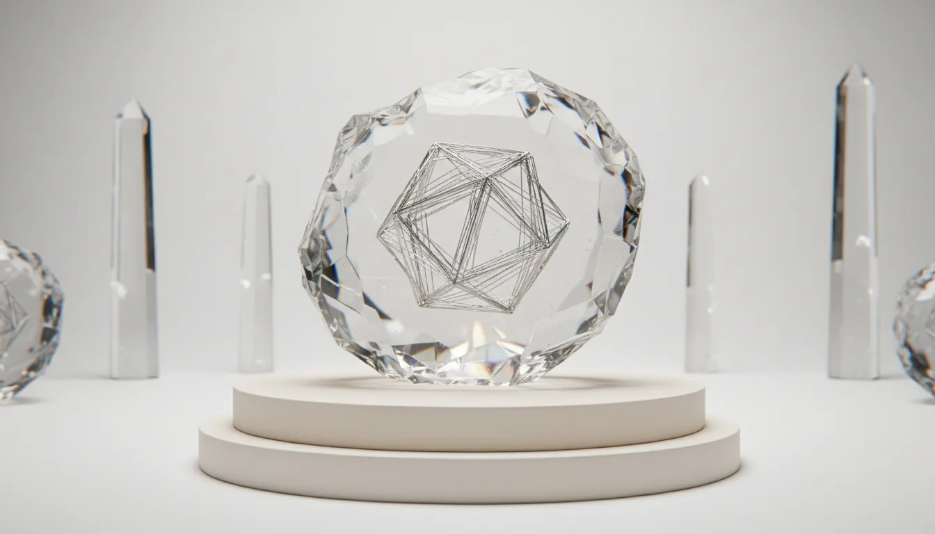 A minimalist 3D render of a complex metallic wireframe icosahedron suspended inside a polished, distorted crystal block. The crystal refracts light with intense chromatic aberration, creating vibrant rainbow caustic patterns. The entire object sits centered on a matte off-white two-tiered cylindrical pedestal against a seamless, bright studio backdrop. Soft global illumination creates a clean, high-key aesthetic with subtle shadows. Other tall, prismatic crystal shapes are visible in the soft-focus background.