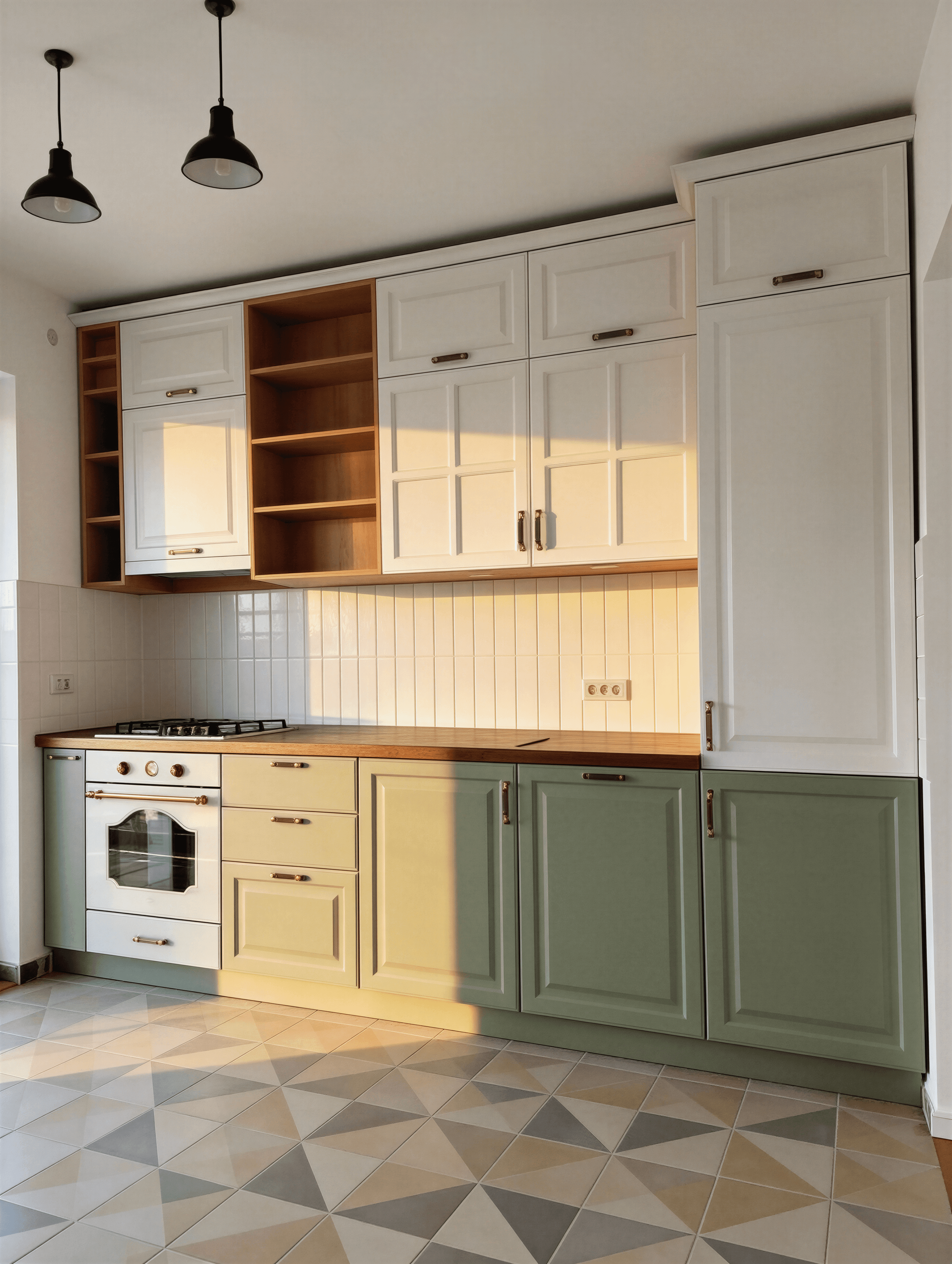 Bucătărie în două tonuri crem și verde salvie, rafturi deschise din lemn și iluminare caldă sub corpuri.