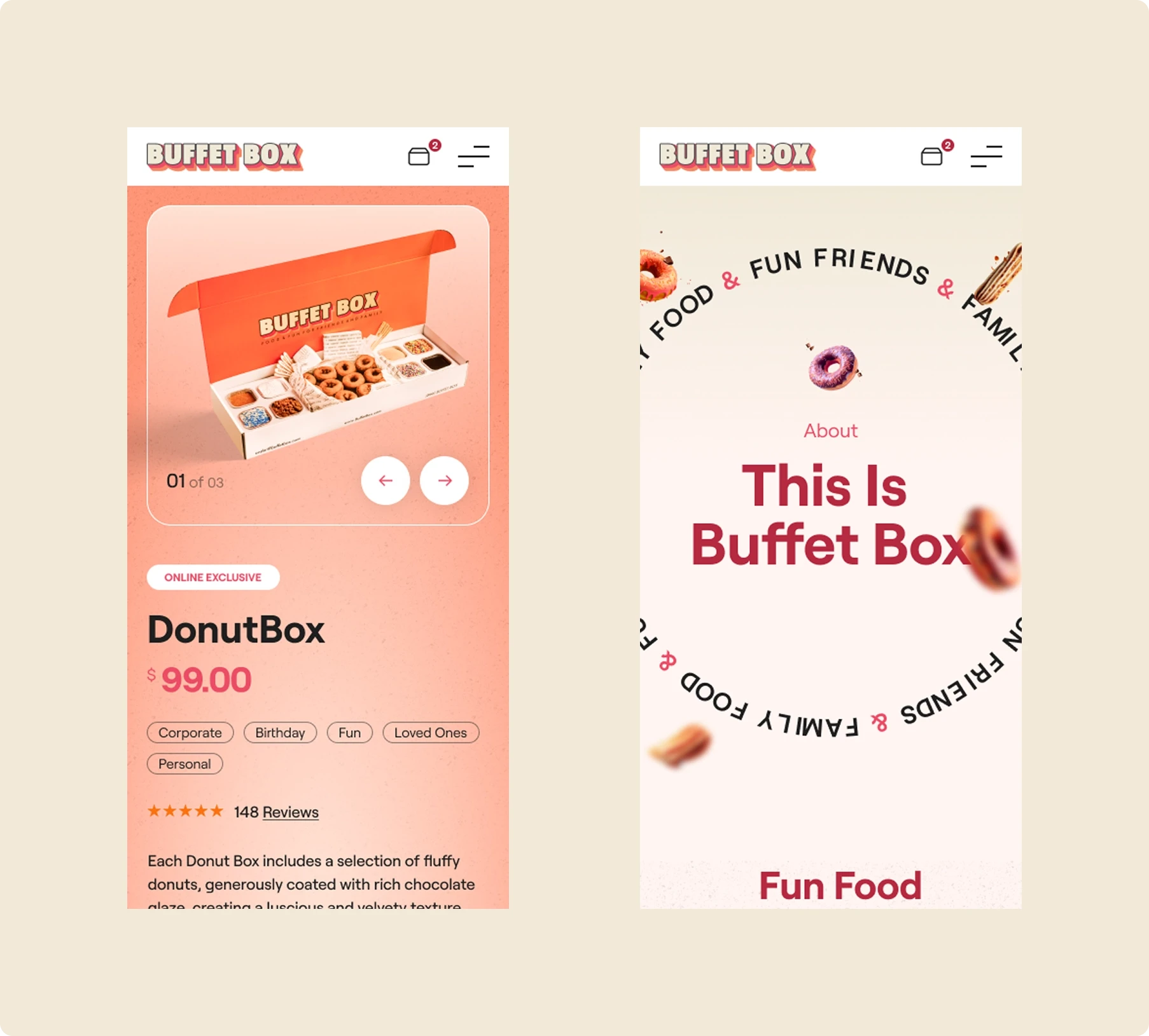 Side-by-side mobile website screens for “Buffet Box”: a donut box product priced $99 and a playful “Fun Food” intro page.