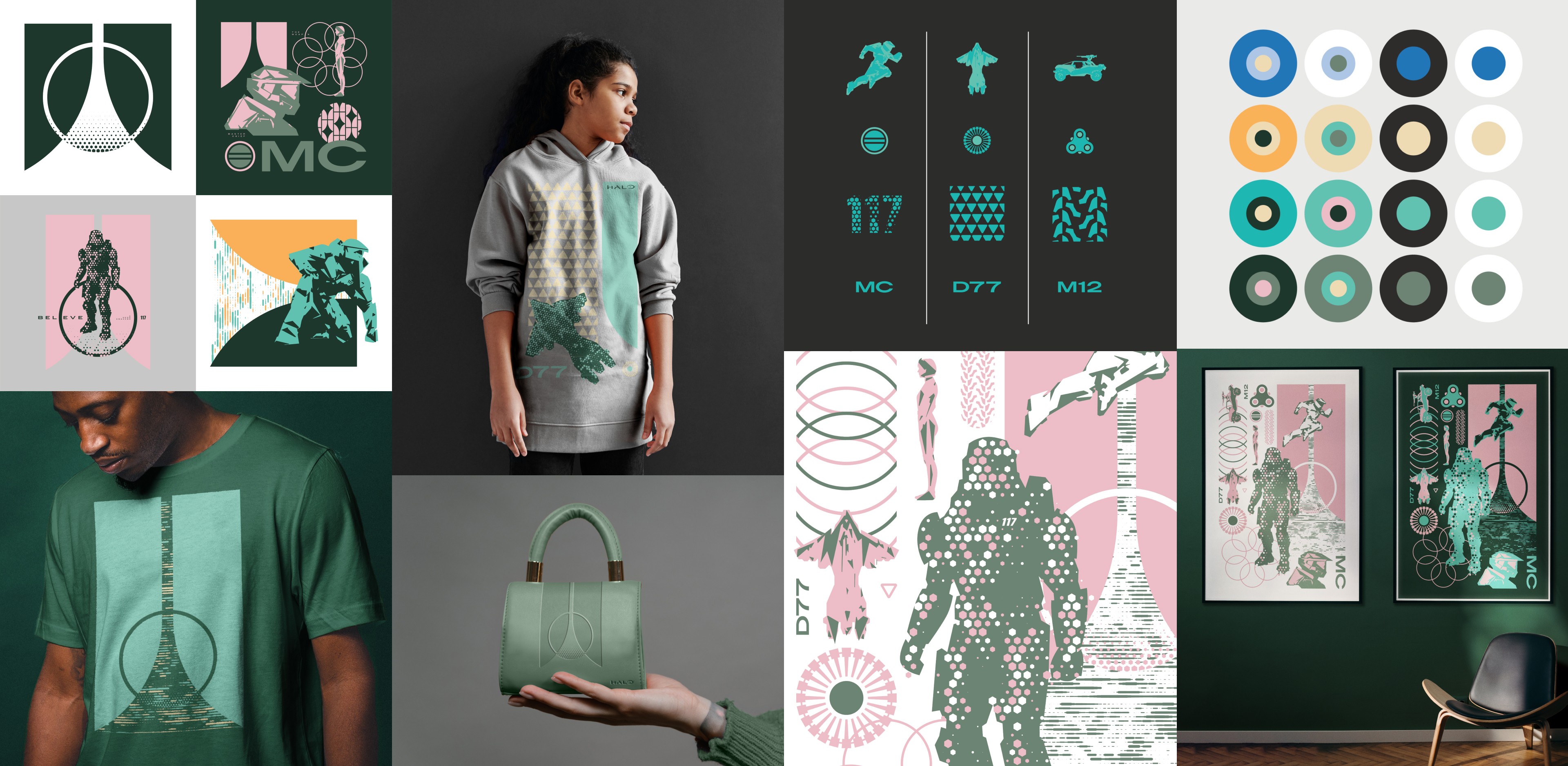 A collage of prints and branded merchandise