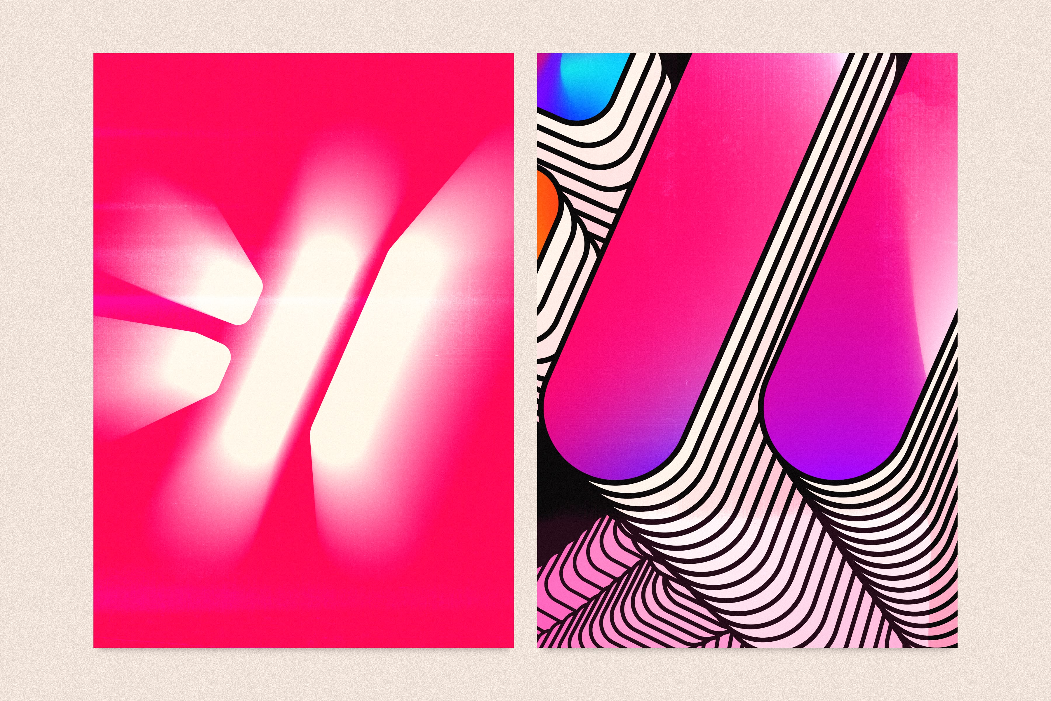 Two poster designs that use the WebMO logo icon to create art and abstract representations that are colorful and have a slight texture to them. 