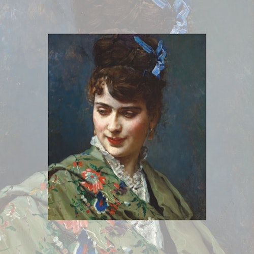 A portrait of a woman with dark hair in an updo, wearing a green floral shawl and white lace collar, set against a dark background.