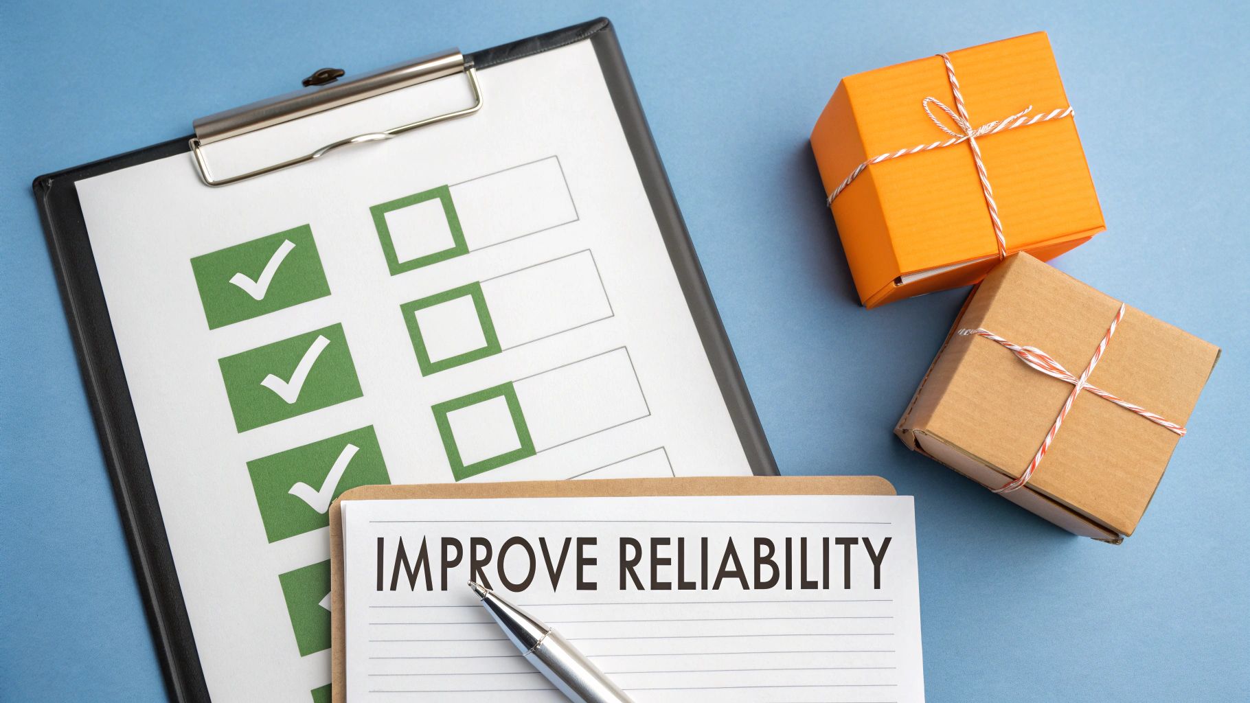 Clipboard with a checklist, a notepad showing 'IMPROVE RELIABILITY', a pen, and two gift boxes.