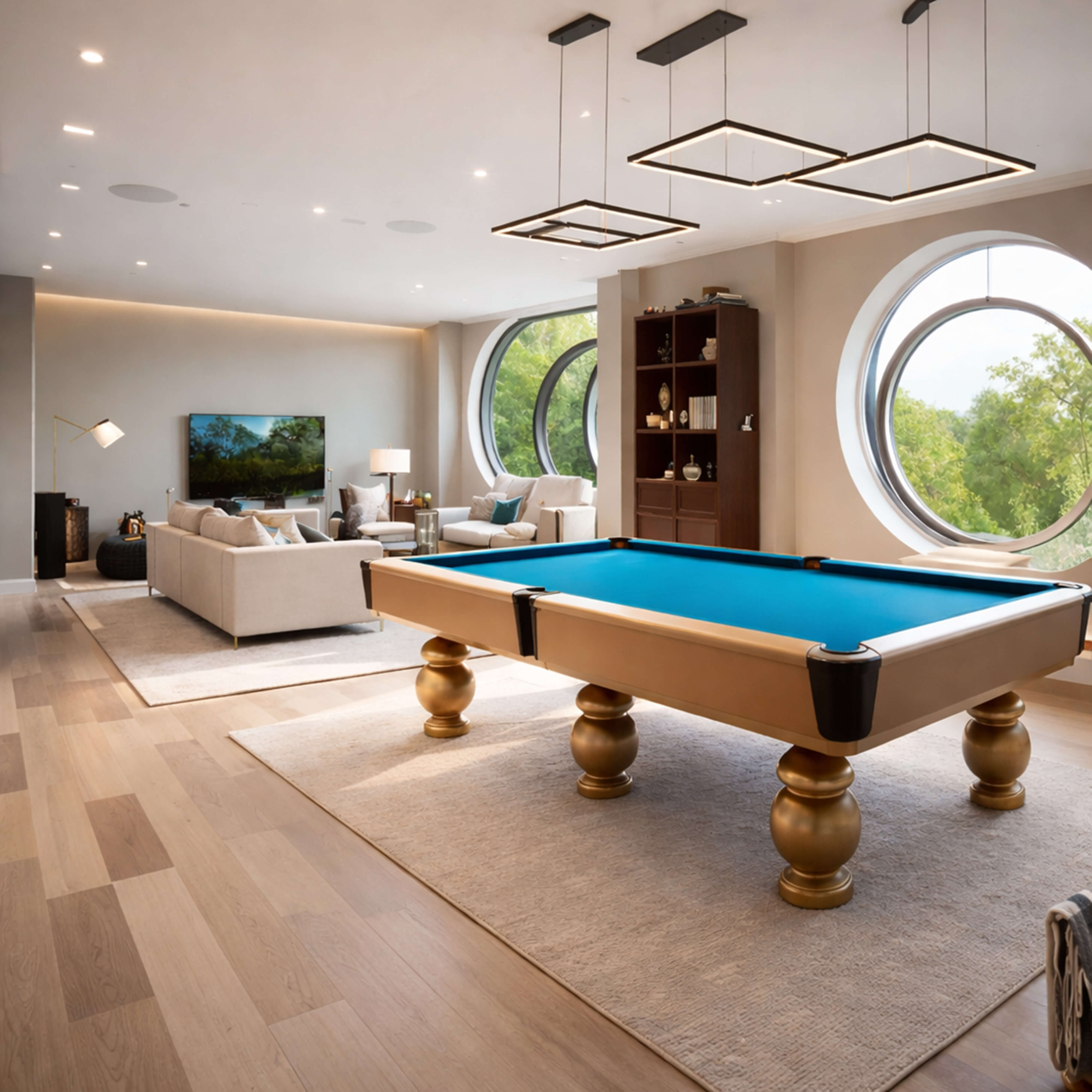 Contemporary game room showcasing a refined pool table, circular windows, and a relaxed lounge area.