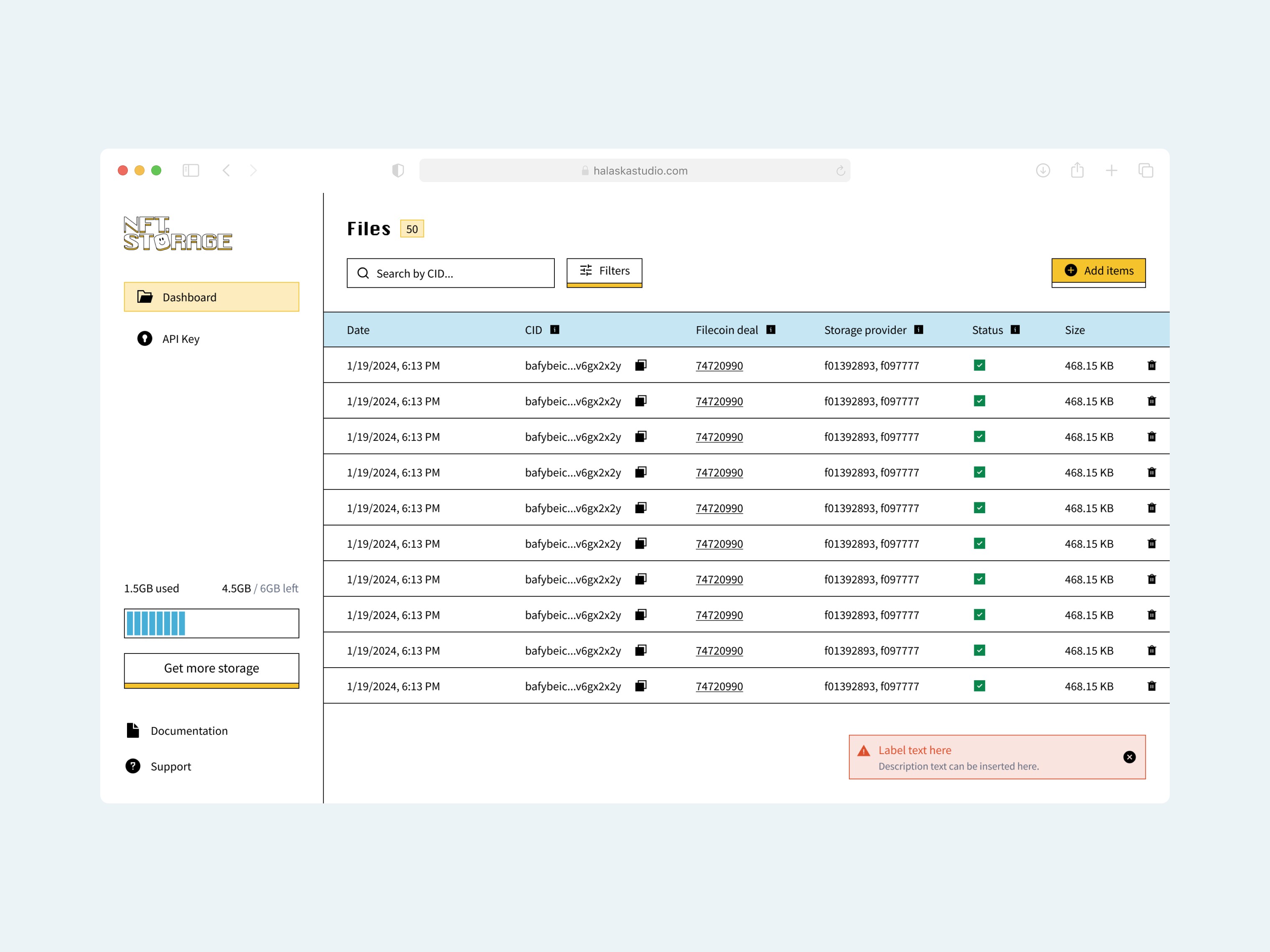 NFT Storage Dashboard UX empty state design