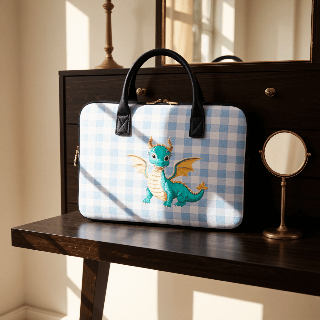 product photography of a laptop sleeve with a cute dragon design, used for protecting laptops