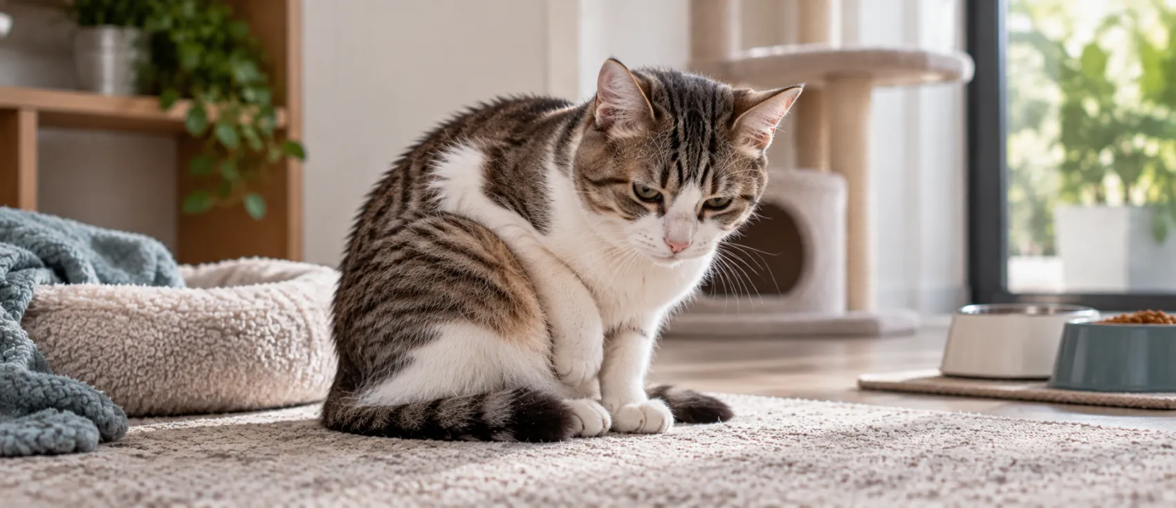 A tabby cat sits hunched on a rug, a posture often linked to kidney discomfort in cats.