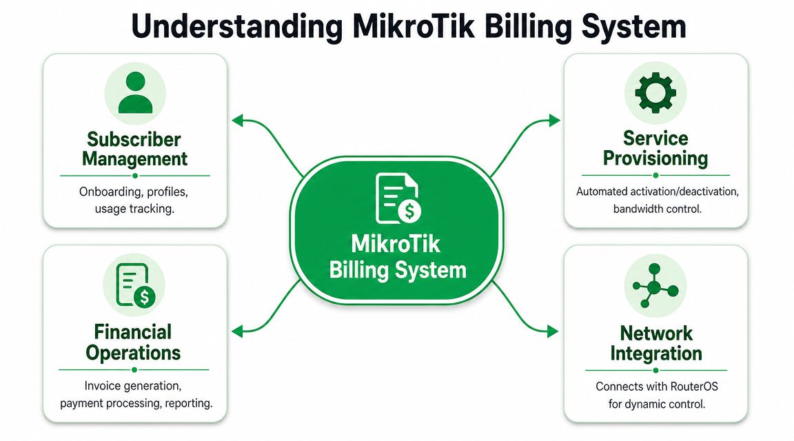 A diagram illustrating the four key components of a MikroTik billing system including management, provisioning, finance, and integration.