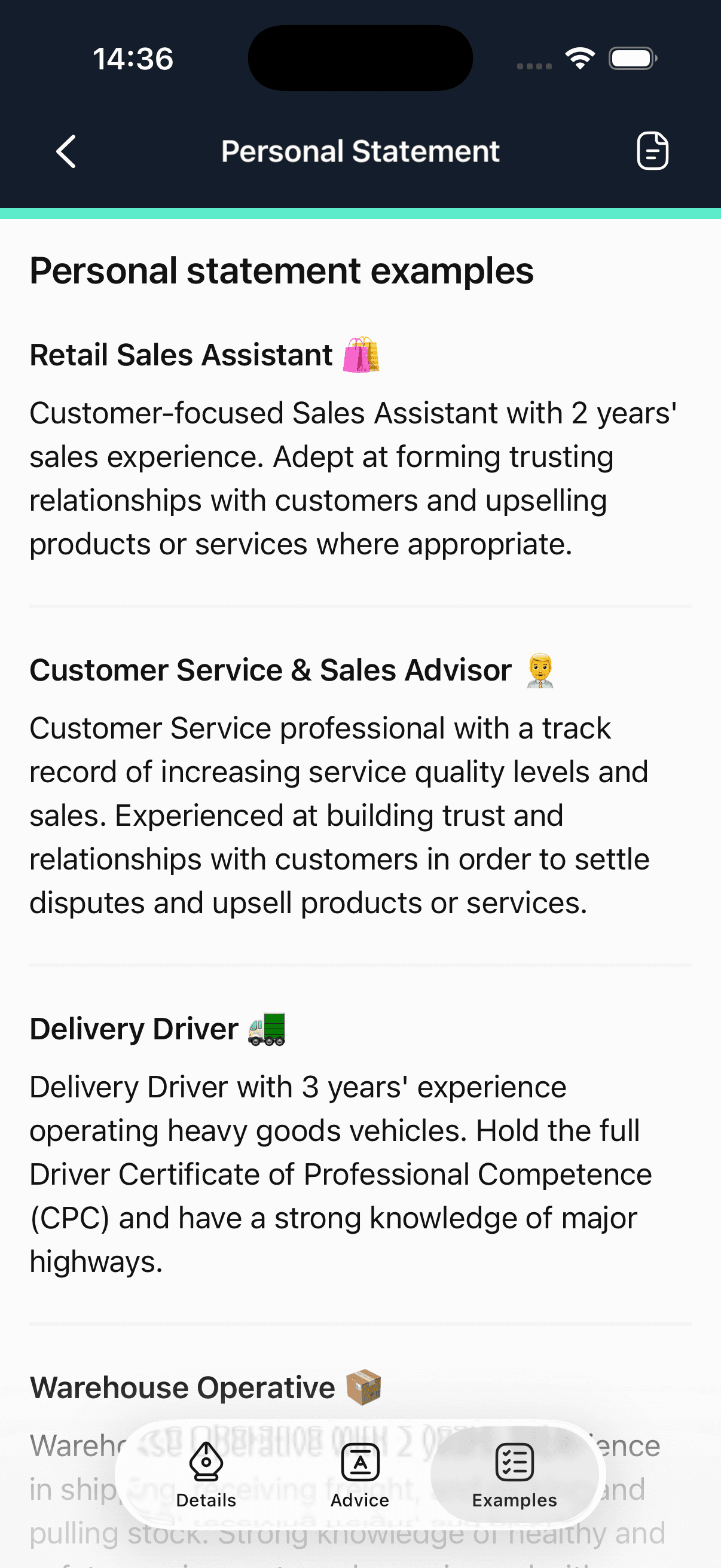 The Personal Statement examples screen of the CV Engineer mobile app
