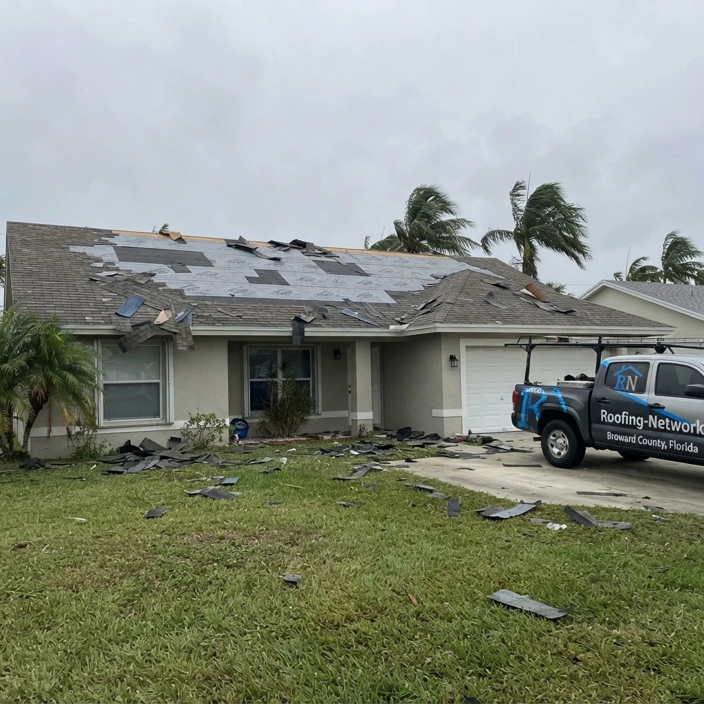 Storm-damaged shingle roof in Broward County with missing shingles and exposed underlayment