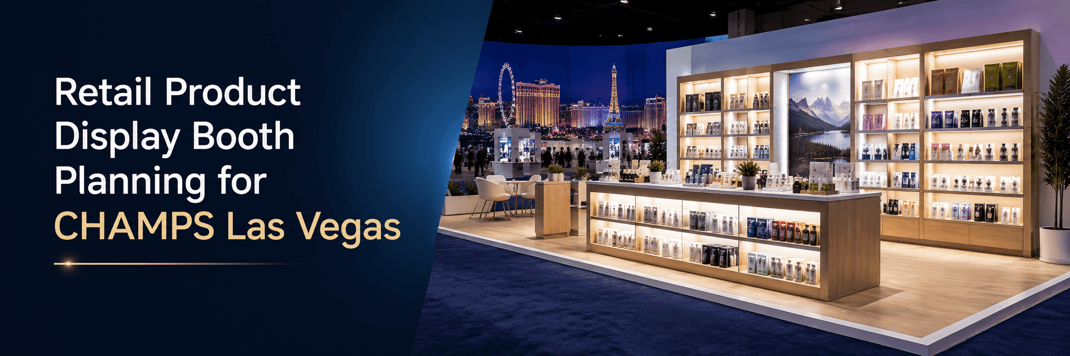 CHAMPS retail product display booth with product wall, display counters, branded graphics, and buyer browsing flow