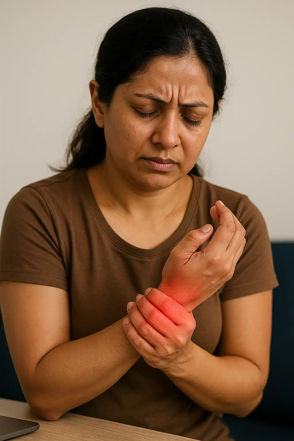 Woman holding her painful wrist with visible inflammation, showing symptoms of carpal tunnel syndrome.