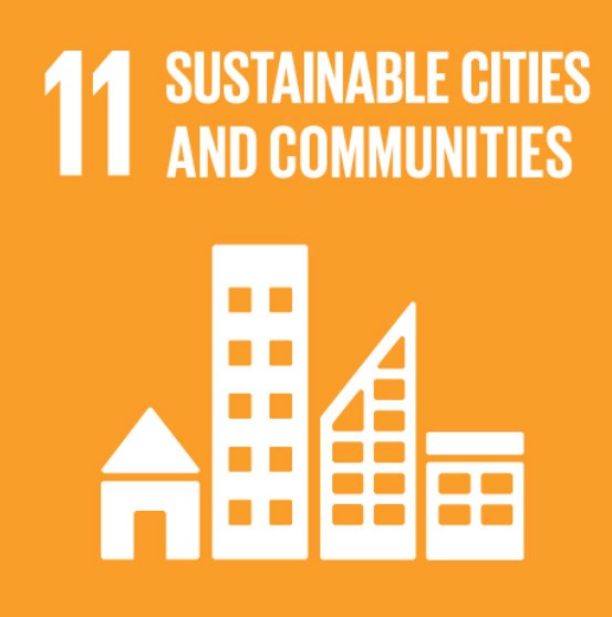 The image represents the eleventh United Nations Sustainable Development Goal (SDG 11), which is "Sustainable Cities and Communities." It features an orange background with the text "11 Sustainable Cities and Communities" at the top. Below the text, there is a white icon of several buildings, including a house, an apartment building, and office structures, symbolizing urban areas. This goal emphasizes making cities and human settlements inclusive, safe, resilient, and sustainable.