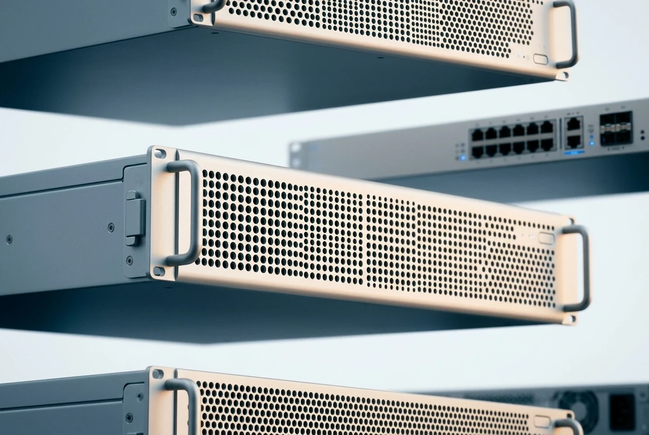 Close-up of rack-mounted network switches with Ethernet ports.