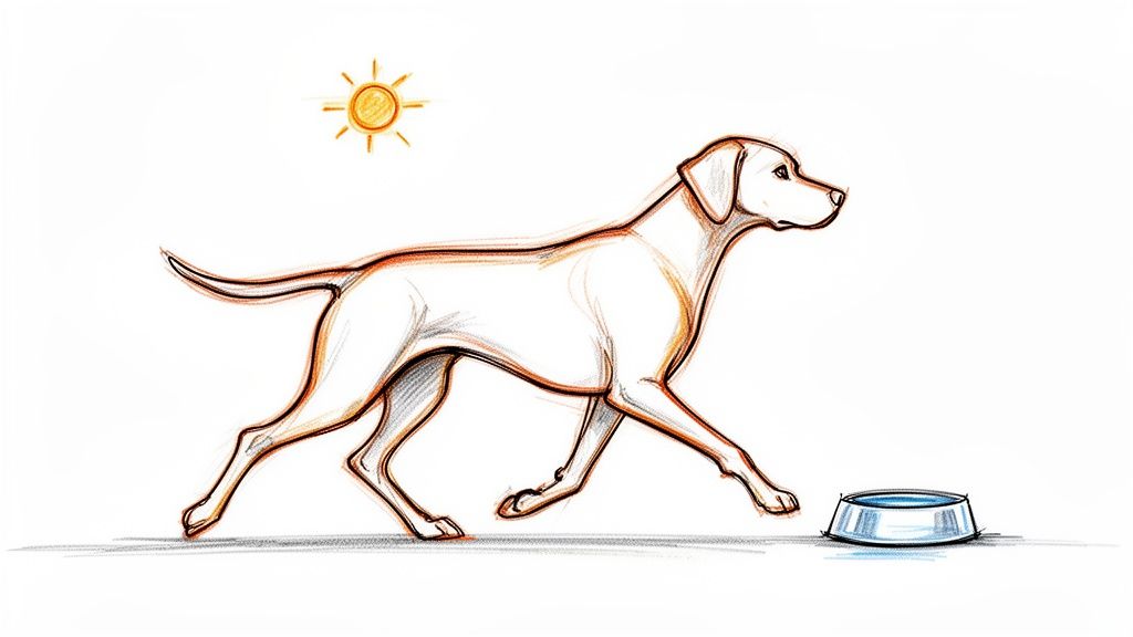 A pencil sketch of a dog walking toward a bowl of water under a bright sun.