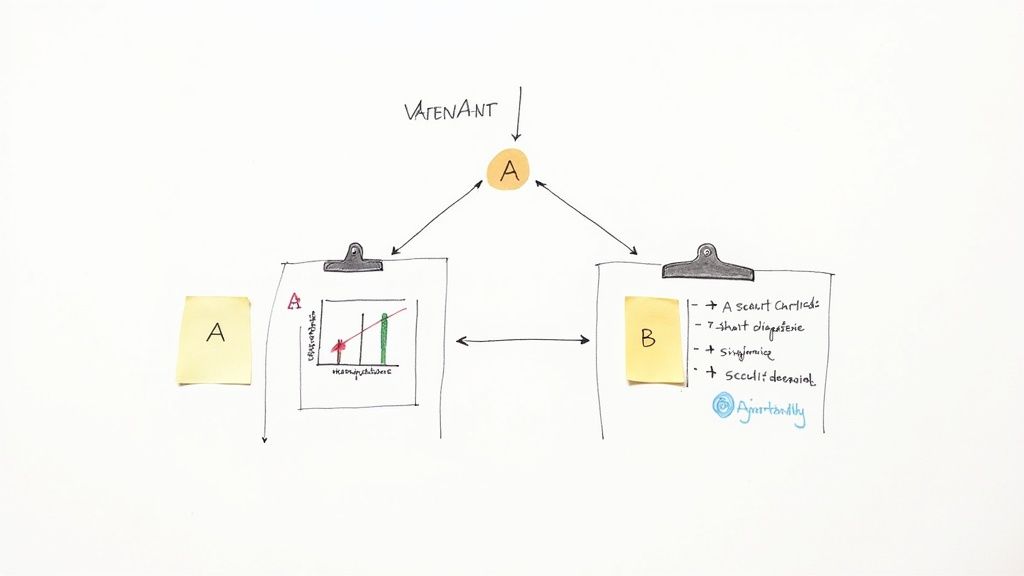 A diagram showing a cyclical process of testing, measuring, and learning for continuous improvement.